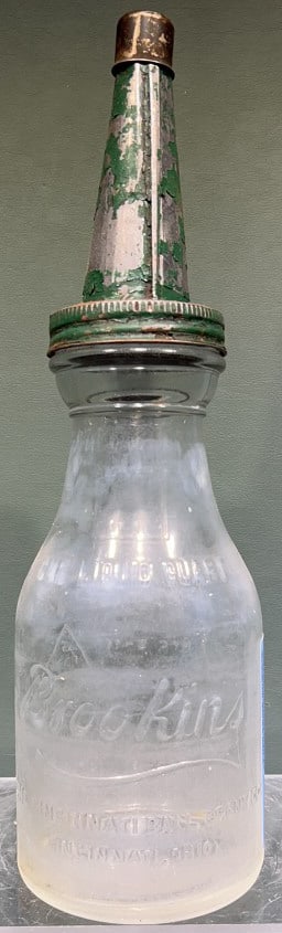 VINTAGE BROOKINS GLASS OIL BOTTLE: 13-1/2" X 4"