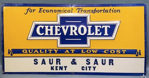 SAUR & SAUR KENT CITY CHEVROLET ADVERTISING SIGN: 23-1/2" X 11-1/2"