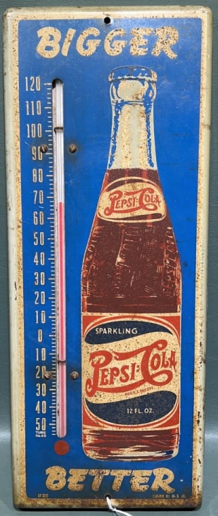 VINTAGE PEPSI-COLA ADVERTISING THERMOMETER: 15-1/2" X 6-1/2"