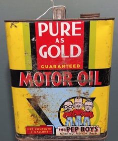 VINTAGE PEP BOYS PURE AS GOLD 2 GAL. METAL OIL CAN