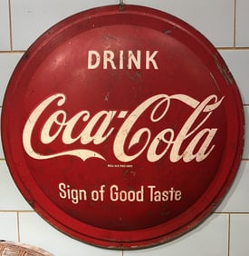 LARGE COCA-COLA METAL ADVERTISING BUTTON SIGN
