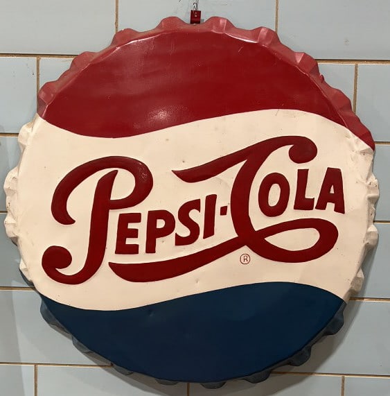 LARGE PEPSI-COLA METAL ADVERTISING BUTTON SIGN: 39" DIAMETER