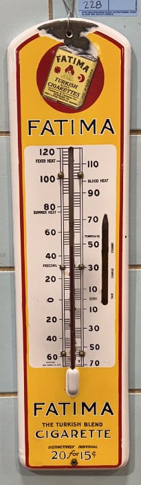 FATIMA CIGARETTES PORCELAIN ADVER. THERMOMETER: 27" X 7"
