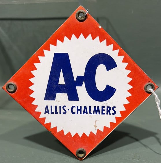 VINTAGE SMALL ALLIS-CHALMERS PORCELAIN SIGN: 5-1/2" X 5-1/2"