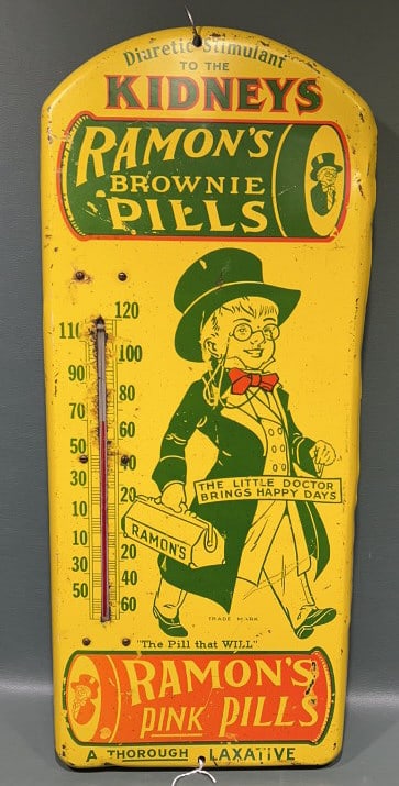 RAMON'S BROWNIE & PINK PILLS ADVER. THERMOMETER: 30-1/2" X 8-1/2"