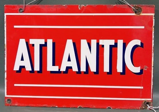 ATLANIC GASOLINE PORCELAIN PUMP PLATE SIGN: 13" X 9"