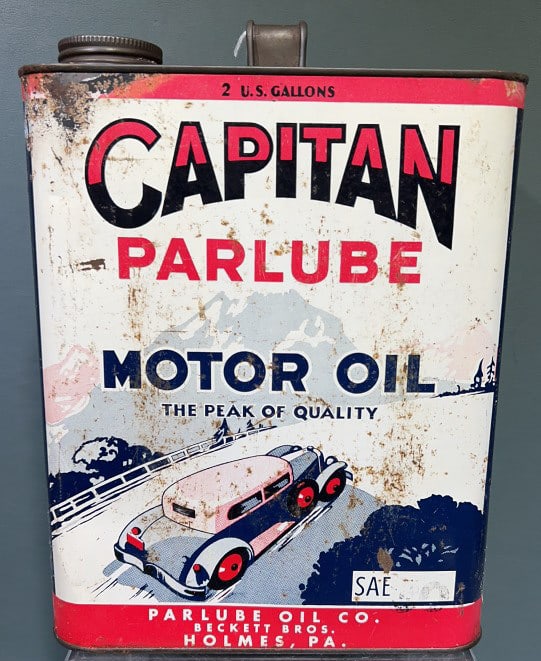 VINTAGE CAPITAN PARLUBE MOTOR OIL 2 GAL. CAN: 11-1/2" X 8-1/2" X 5-1/2"