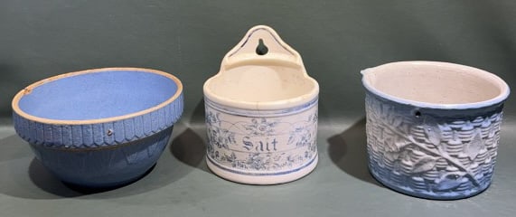 IRONSTONE SALT BOX& 2 BLUE MIXING BOWLS