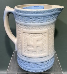 ANTIQUE STONEWARE BLUE & WHITE PEACE MOTIF PITCHER