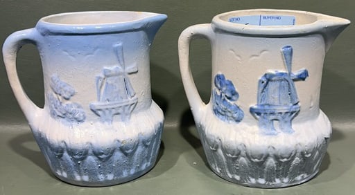 2 ANTIQUE BLUE & WHITE STONEWARE PITCHERS