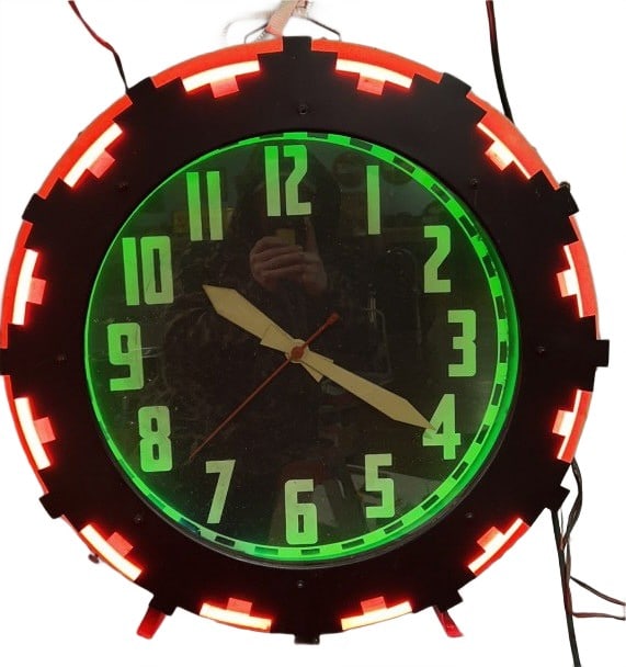 CLEVELAND "AZTEC" ART DECO NEON ADVERTISING CLOCK: ELECTRIC NEON CLOCK CO. 26"