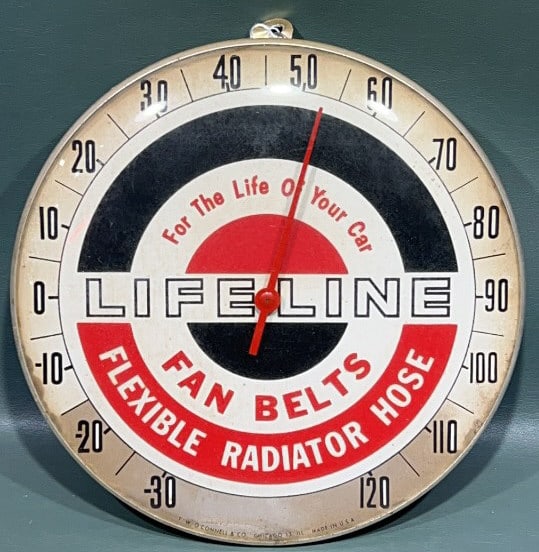 VINTAGE "LIFELINE" FAN BELTS ADVER. THERMOMETER (1 of 5)