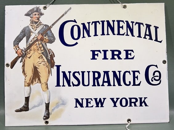 CONTINENTAL FIRE INSURANCE CO. PORCELAIN SIGN: W/ MINUTE MAN GRAPHIC 16" X 12"