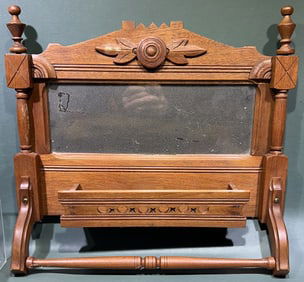 ANTIQUE WALNUT TOWEL BAR W/ MIRROR