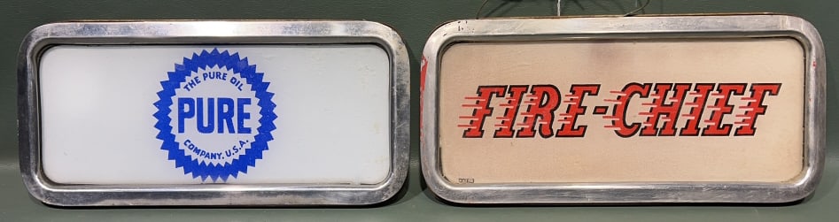 2 GLASS ADVERTISING PANELS; FIRE CHIEF & PURE OIL: 5-1/2" X 11-1/4"