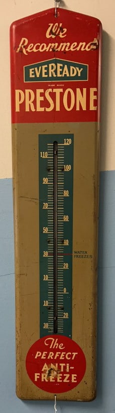 EVEREADY PRESTONE ANTI-FREEZE ADVERTISING THERMOME: 36" X 8"