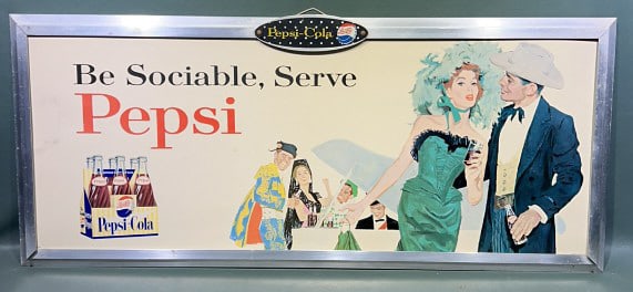 "BE SOCIABLE, SERVE PEPSI" ADVERTISING TROLLEY SIG: 29" X 13"