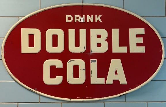 VINTAGE LG DRINK DOUBLE COLA TIN ADVERTISING SIGN: 60" X 37"