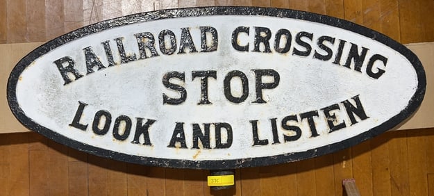 CAST IRON "RAILROAD CROSSING STOP LOOK & LISTEN"