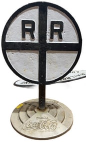 CAST IRON RAILROAD SIGN ON COCA-COLA LOLIPOP BASE