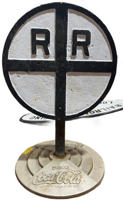 CAST IRON RAILROAD SIGN ON COCA-COLA LOLIPOP BASE: 36" X 24"