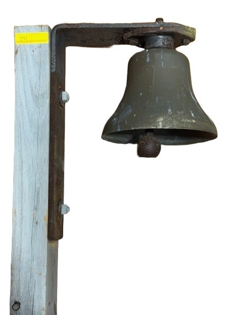 ANTIQUE BRONZE BELL ON WOODEN POST (1 of 5)