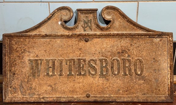 WHITESBORO NJ. ANTIQUE CAST IRON SIGN: 29" X 17"