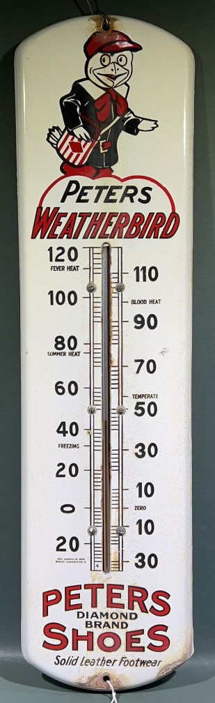 PETERS WEATHERBIRD SHOES PORCELAIN THERMOMETER: HUNG IN THE DAVIS LINGO STORE IN MILTON DE ~ 27" X 7"