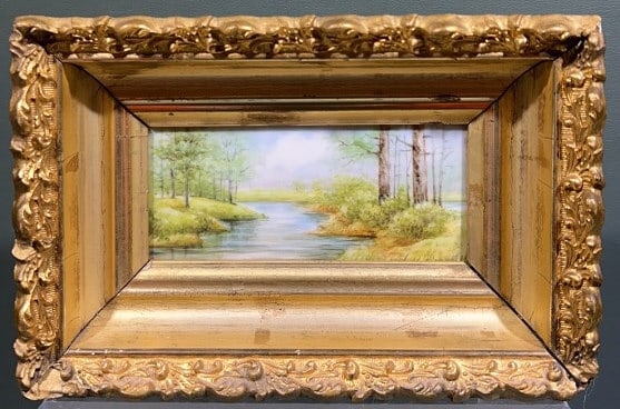 ANTIQUE PAINTING ON PORCELAIN IN GOLD GUILT FRAME: 8-1/2" X 6"