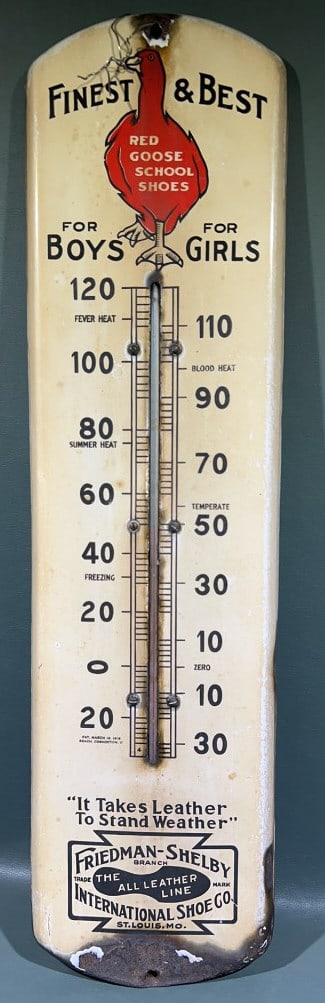 RED GOOSE SHOES PORCELAIN THERMOMETER: 27" X 7"