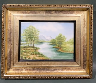 ANTIQUE PAINTING ON PORCELAIN IN GOLD GUILT FRAME