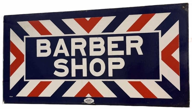 ANTIQUE PORCELAIN BARBER SHOP FLANGE SIGN: WM. MARUY CO 24" x 12"