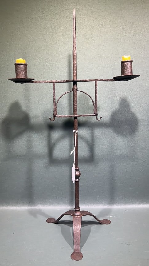 ANTIQUE WROUGHT IRON DOUBLE CANDLESTICK: 22" X 12-1/2"