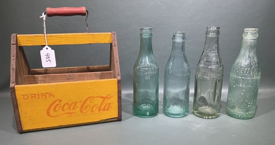 ANTIQUE WOODEN 6 PACK CARRIER W/ LOCAL BOTTLES
