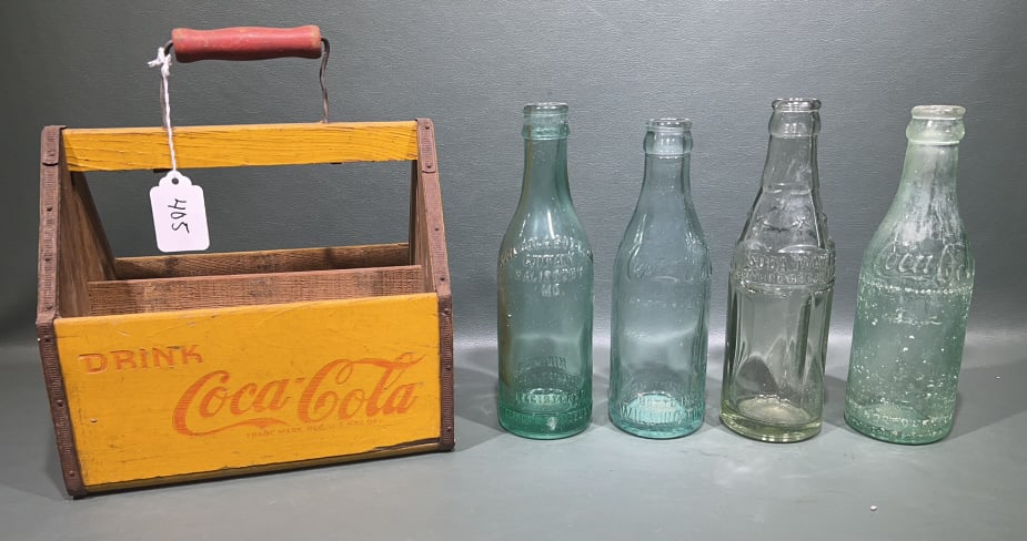 ANTIQUE WOODEN 6 PACK CARRIER W/ LOCAL BOTTLES: 8" X 10"