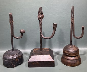 3 ANTIQUE IRON & WOOD RUSHLIGHTS
