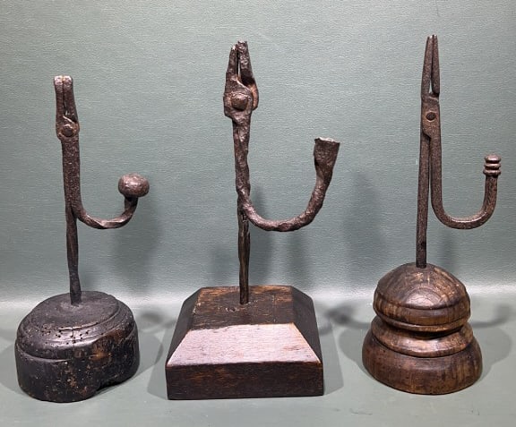 3 ANTIQUE IRON & WOOD RUSHLIGHTS (1 of 5)