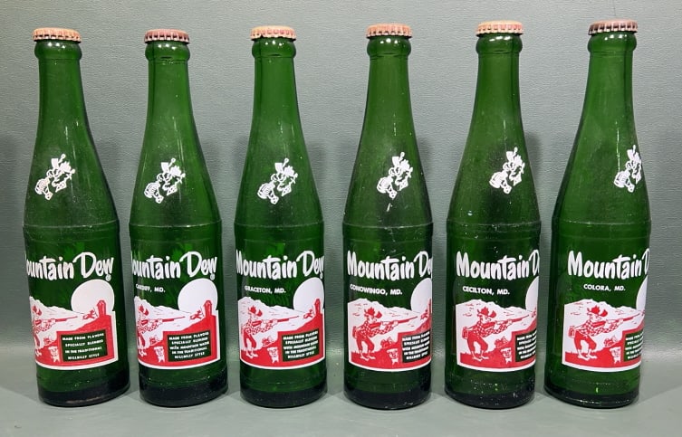 6 HARFORD COUNTY MOUNTAIN DEW BOTTLES: 9-1/2" X 2-1/2"