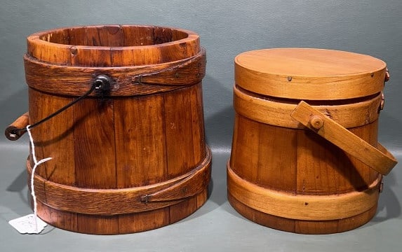 2 ANTIQUE SHAKER STYLE WOODEN FIRKINS: 7-1/2" X 8"