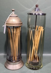 2 VINTAGE STRAW HOLDER COUNTER JARS