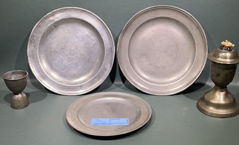PEWTER PLATES, OIL LAMP, & MEASURE