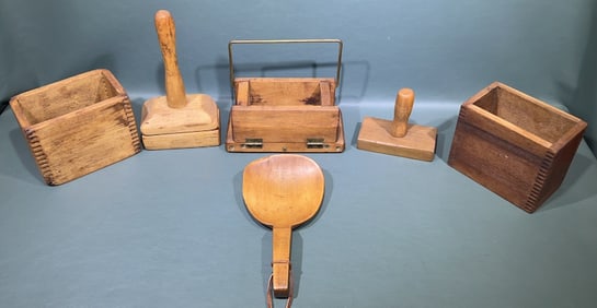 COLLECTION OF 3 ANTIQUE BUTTER PRESSES & PADDLE