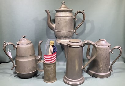 4 E. B. MANNINGS ANTIQUE PEWTER PITCHERS & 1