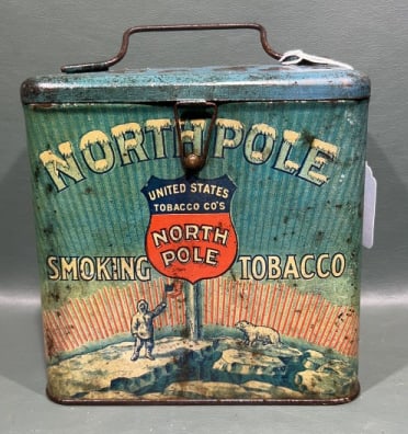 NORTH POLE METAL TOBACCO TIN: 6" X 4"