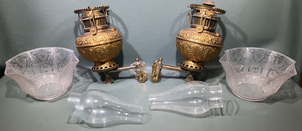 PAIR OF BRADLEY & HUBBARD BRACKET OIL LAMPS: 20" X 7"