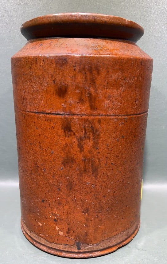 ANTIQUE REDWARE STONEWARE CROCK W/ DECORATION: 12" X 8-1/2"