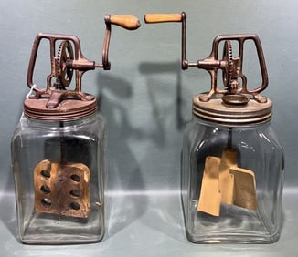 2 VINTAGE GLASS BUTTER CHURNS