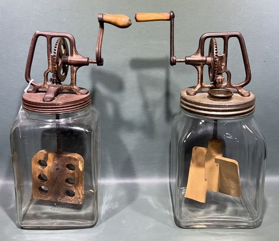 2 VINTAGE GLASS BUTTER CHURNS: 14" X 6" X 6"