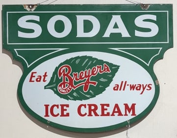 BREYERS ICE CREAM PORCELAIN 2 SIDED "SODAS SIGN"