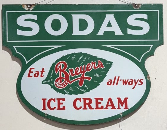 BREYERS ICE CREAM PORCELAIN 2 SIDED "SODAS SIGN": 36" X 27"